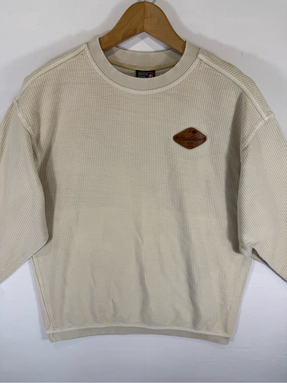Charleston Cream Crewneck Sweater with Leather Patch